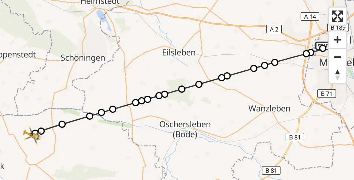 Flugroute Rettungshubschrauber Magdeburg Hospital Heliport - Osterwieck, 10 Februar 2026, 06:47