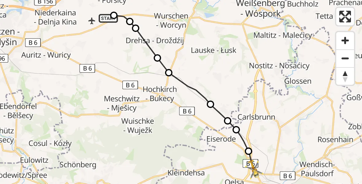 Flugroute Rettungshubschrauber Bautzen Airfield - Altlöbau, 10 Februar 2026, 06:59