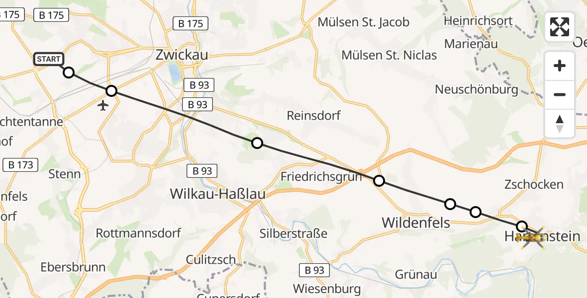 Flugroute Rettungshubschrauber ADAC Air Rescue Station Zwickau Heliport - Hartenstein, 10 Februar 2026, 07:08