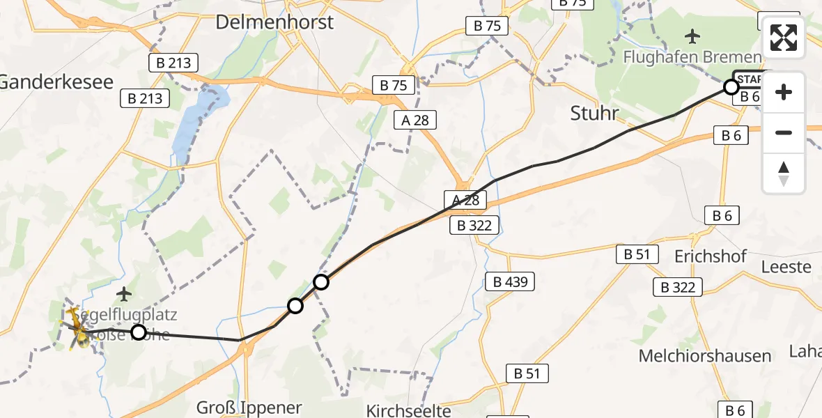 Flugroute Rettungshubschrauber ADAC Air Rescue Station Bremen Heliport (Christoph 6) - Prinzhöfte, 10 Februar 2026, 07:18