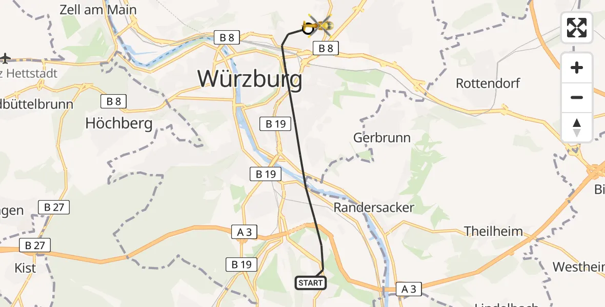Flugroute Rettungshubschrauber Würzburg - Würzburg University Hospital Rooftop Heliport, 10 Februar 2026, 07:18