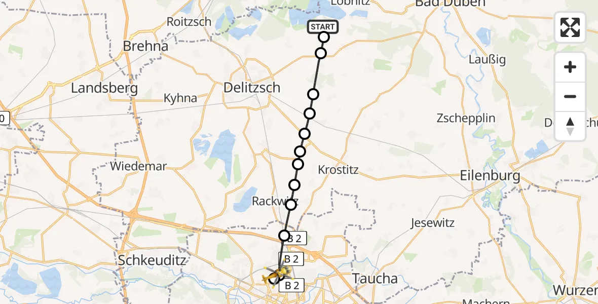 Flugroute Rettungshubschrauber Sausedlitz - Sankt Georg Hospital Leipzig Reserve Heliport, 10 Februar 2026, 07:28