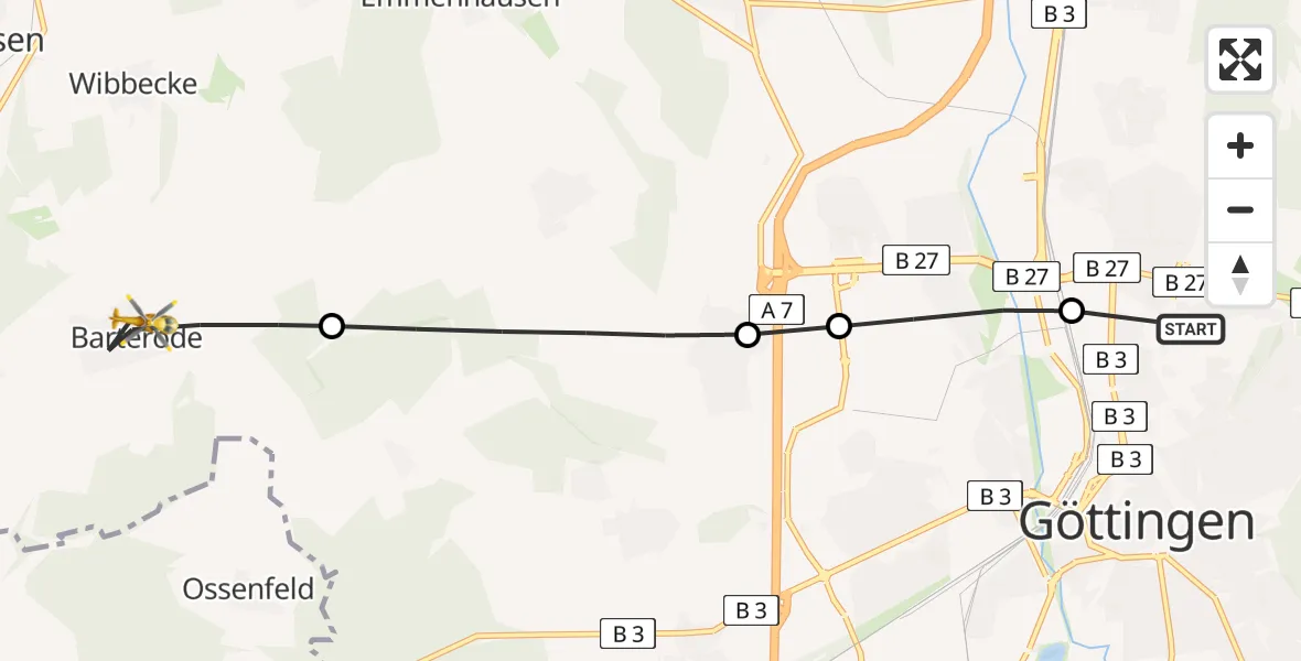 Flugroute Rettungshubschrauber Göttingen University Clinic Heliport - Adelebsen, 10 Februar 2026, 07:34