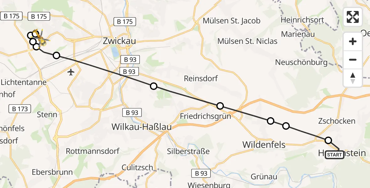 Flugroute Rettungshubschrauber Hartenstein - ADAC Air Rescue Station Zwickau Heliport, 10 Februar 2026, 07:43