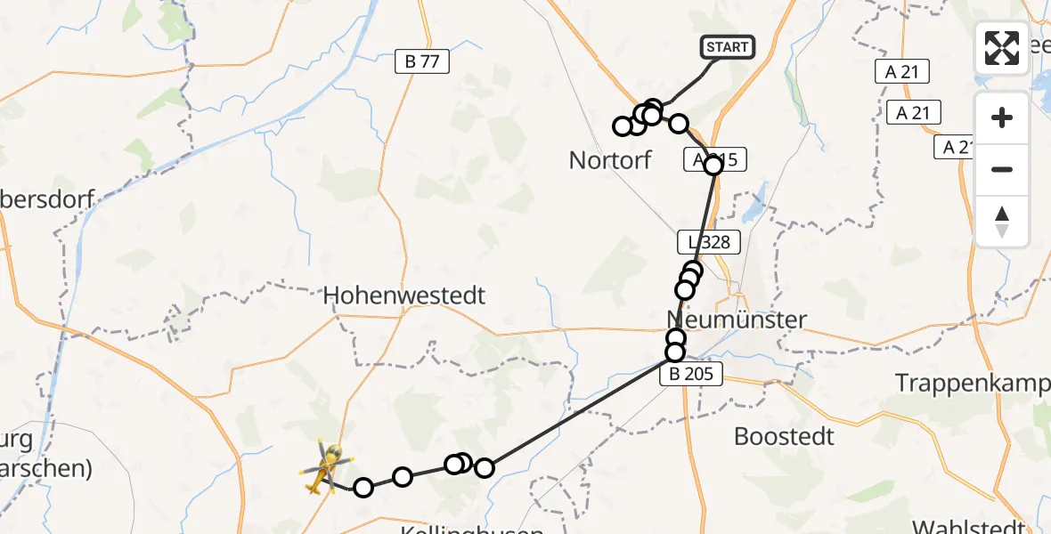 Flugroute Rettungshubschrauber Langwedel - Hohenlockstedt, 10 Februar 2026, 07:50
