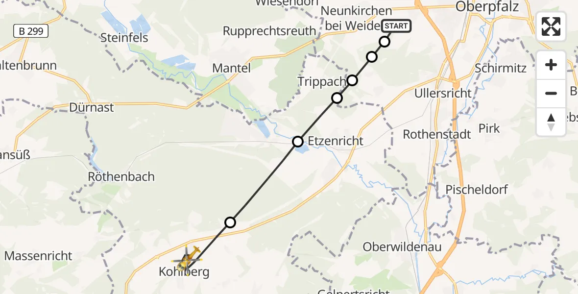 Flugroute Rettungshubschrauber Weiden in der Oberpfalz - Kohlberg, 10 Februar 2026, 07:51