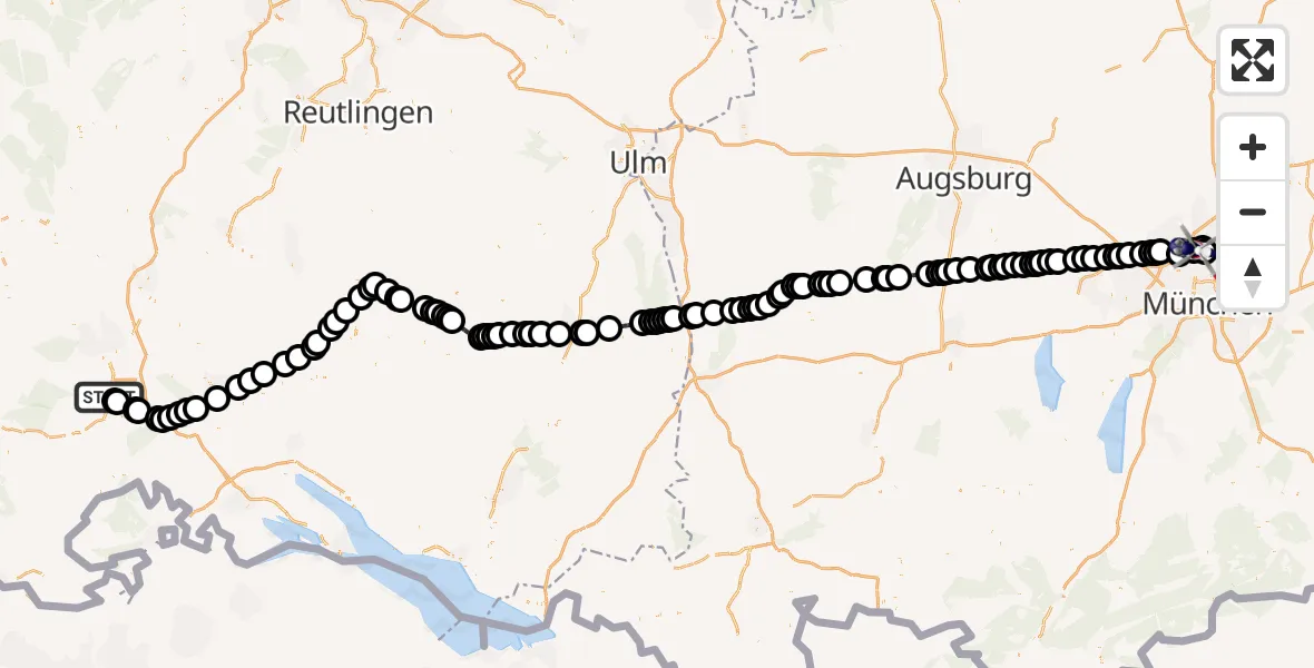 Flugroute Polizeihubschrauber Donaueschingen-Villingen Airfield - Oberschleißheim, 10 Februar 2026, 08:13