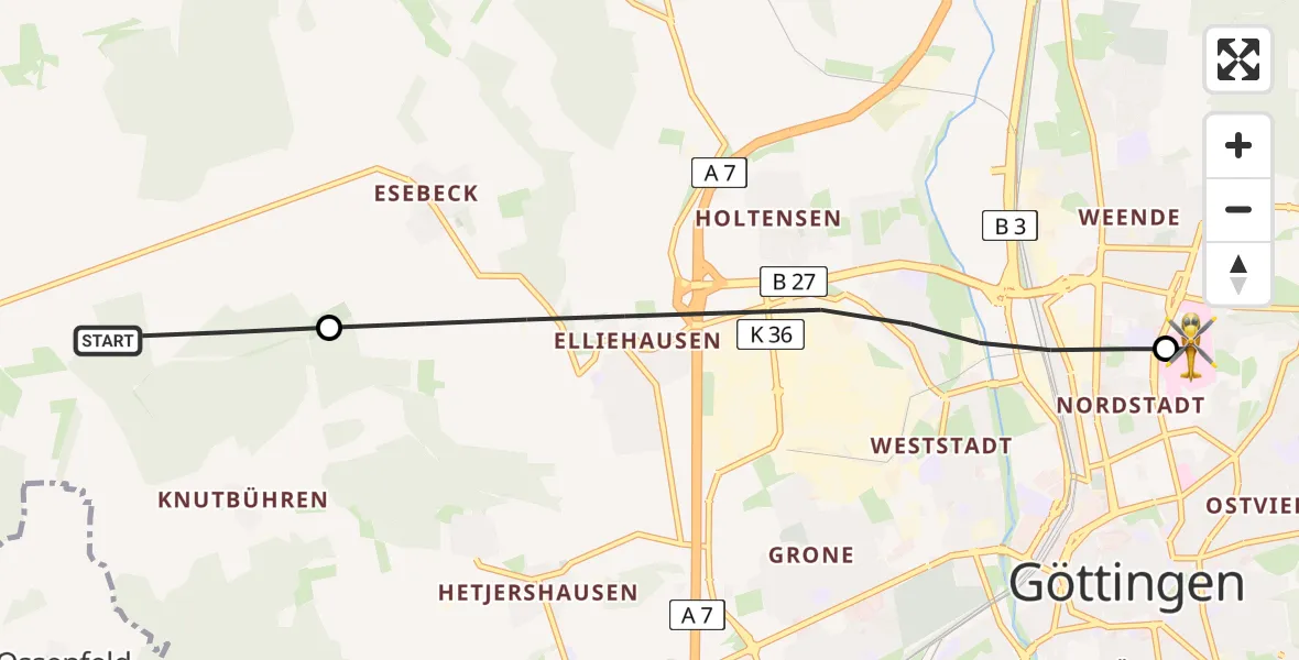 Routekaart van de vlucht: Rettungshubschrauber nach Göttingen University Clinic Heliport