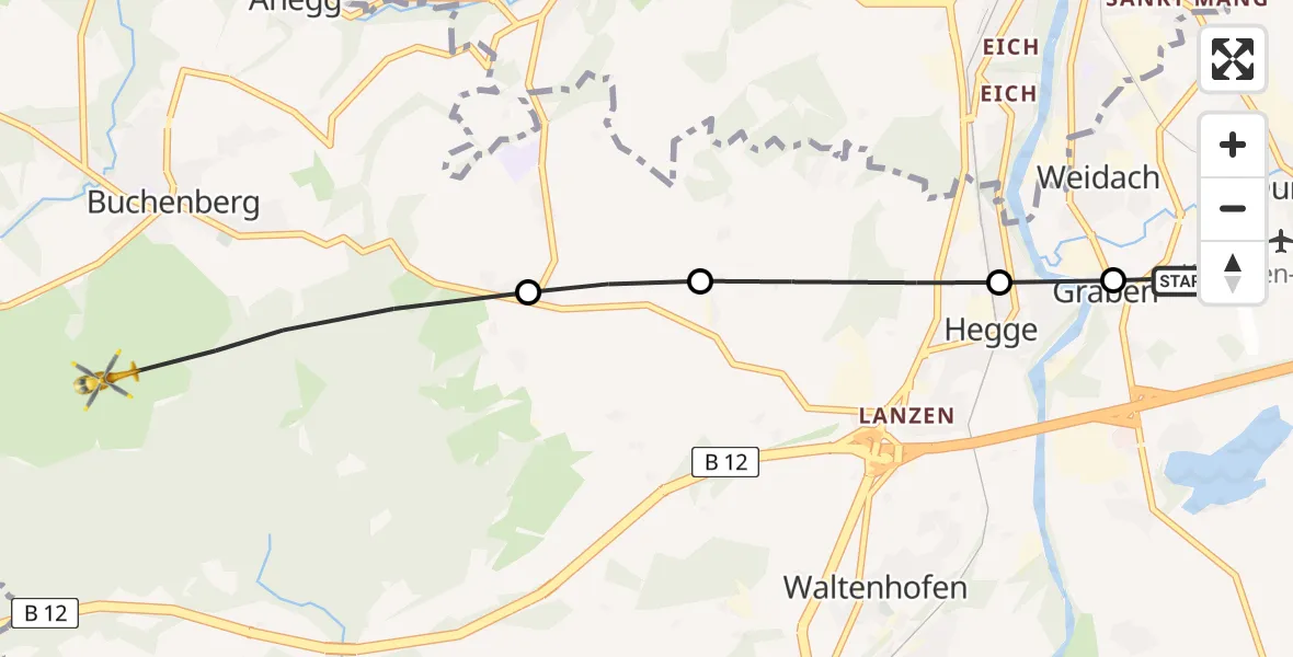 Flugroute Rettungshubschrauber Kempten-Durach Airfield - Buchenberg, 10 Februar 2026, 08:17