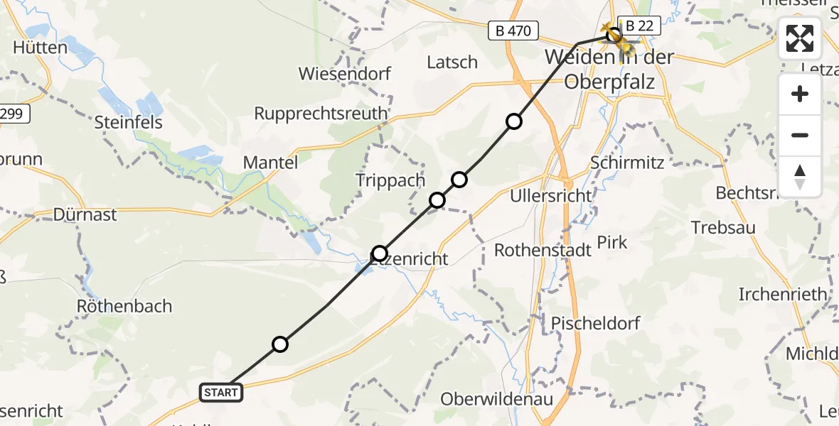 Flugroute Rettungshubschrauber Kohlberg - Weiden Hospital Heliport, 10 Februar 2026, 08:26