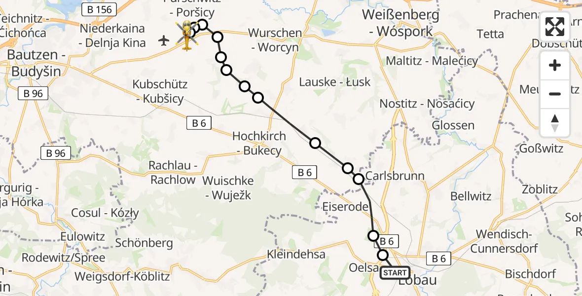 Flugroute Rettungshubschrauber Altlöbau - Bautzen Airfield, 10 Februar 2026, 08:28