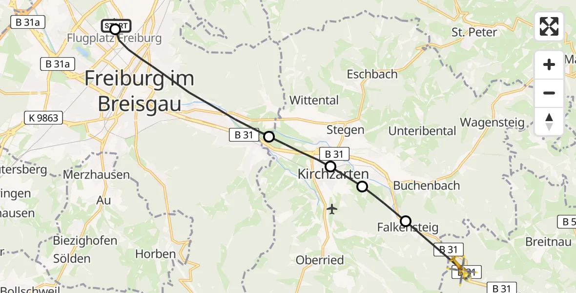 Flugroute Rettungshubschrauber Freiburg im Breisgau Airfield - Breitnau, 10 Februar 2026, 08:37