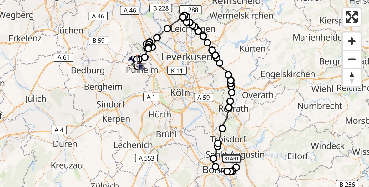 Flugroute Polizeihubschrauber Sankt Augustin - Stommeln, 10 Februar 2026, 08:52