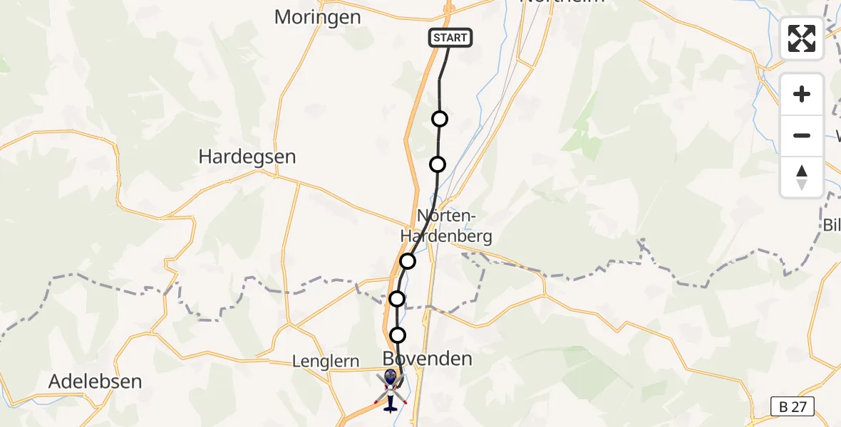 Flugroute Polizeihubschrauber Hillerse - Bovenden, 10 Februar 2026, 09:00