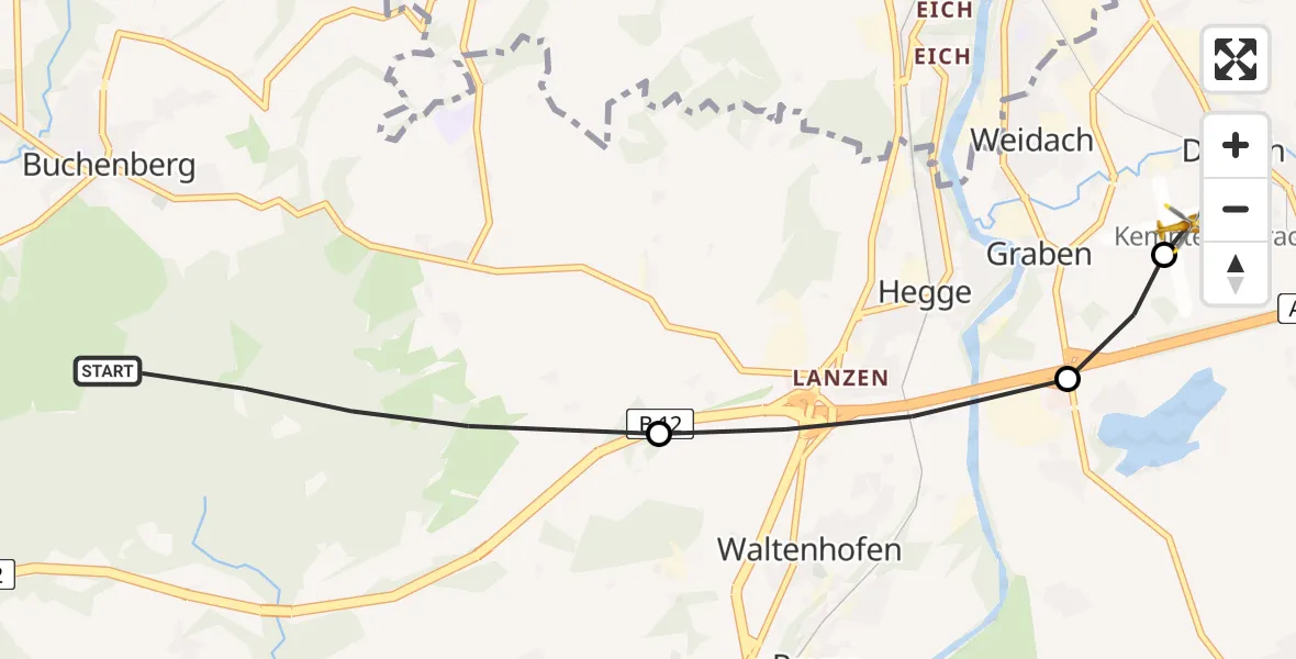 Flugroute Rettungshubschrauber Buchenberg - Kempten-Durach Airfield, 10 Februar 2026, 09:01