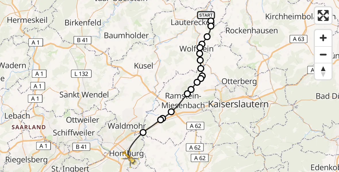 Routekaart van de vlucht: Rettungshubschrauber nach Homburg, Universitätsklinikum