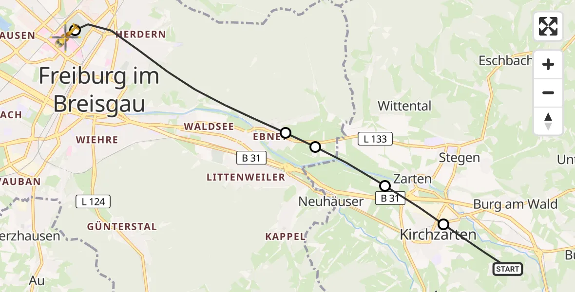 Routekaart van de vlucht: Rettungshubschrauber nach Freiburg University Hospital Heliport 1