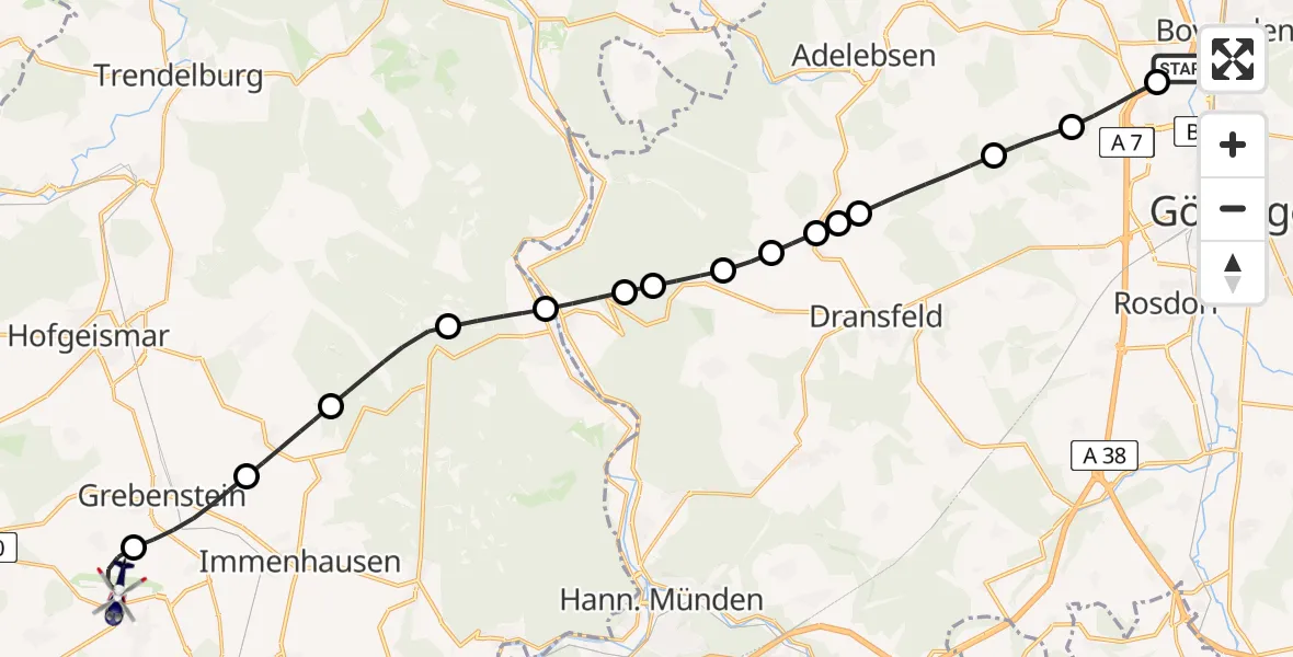 Flugroute Polizeihubschrauber Bovenden - Kassel Airport, 10 Februar 2026, 09:21