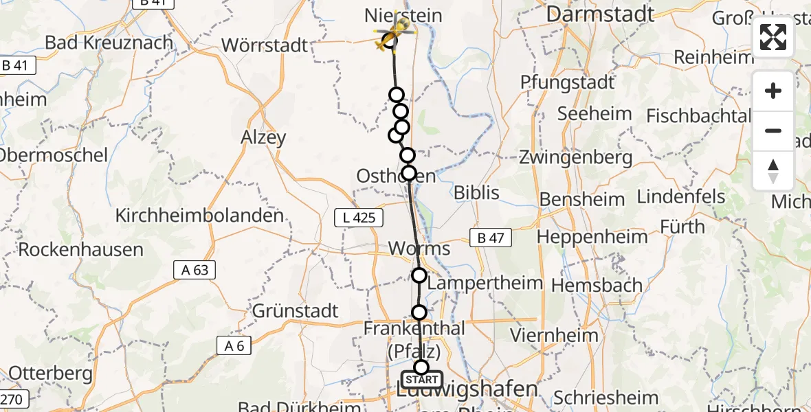 Flugroute Rettungshubschrauber Ludwigshafen am Rhein - Dexheim, 10 Februar 2026, 09:30