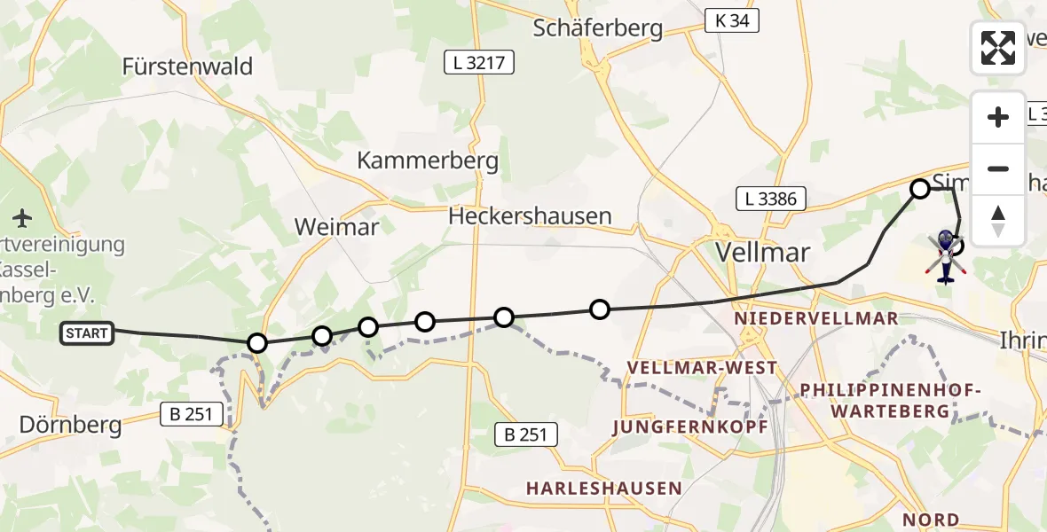 Flugroute Polizeihubschrauber Dörnberg - Fuldatal Federal Police Heliport, 10 Februar 2026, 09:33