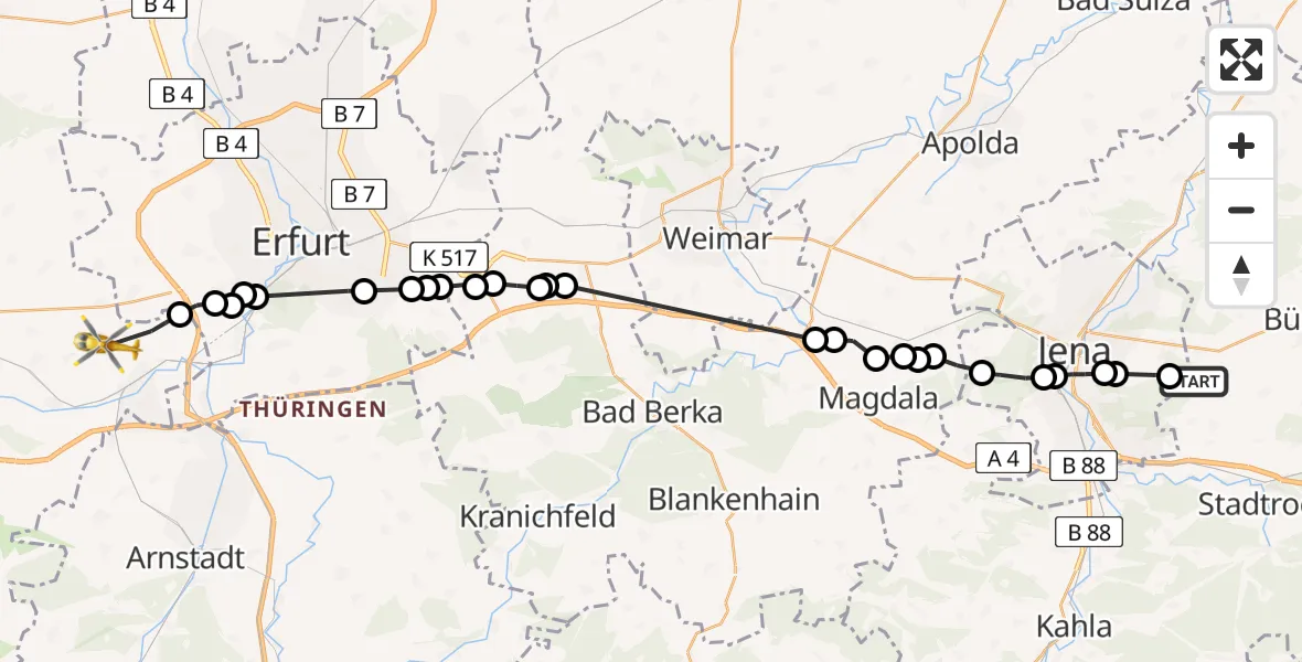Flugroute Rettungshubschrauber Großlöbichau - Kleinrettbach, 10 Februar 2026, 09:41