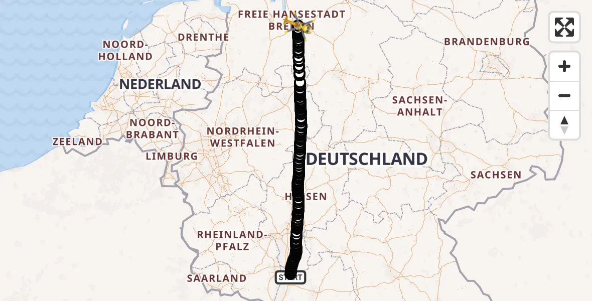 Flugroute Ambulanzhubschrauber Heidelberg - Bremen-Ost, 10 Februar 2026, 09:47