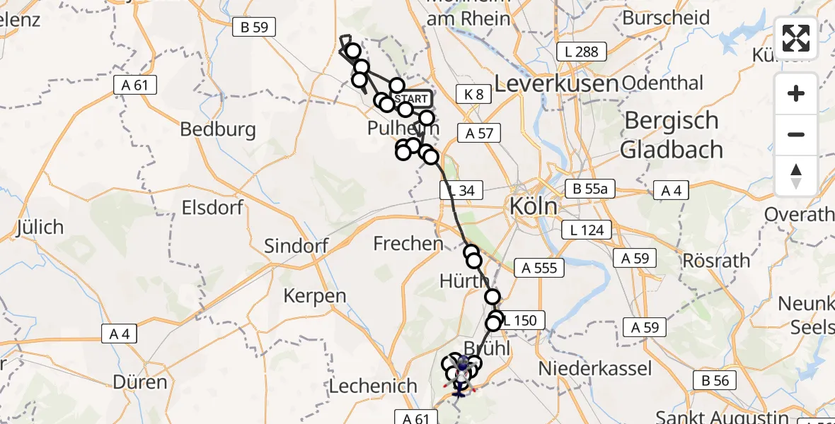 Flugroute Polizeihubschrauber Sinnersdorf - Brühl, 10 Februar 2026, 09:48