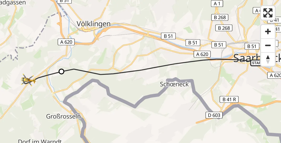 Flugroute Rettungshubschrauber Saarbrücken - Völklingen, 10 Februar 2026, 09:57