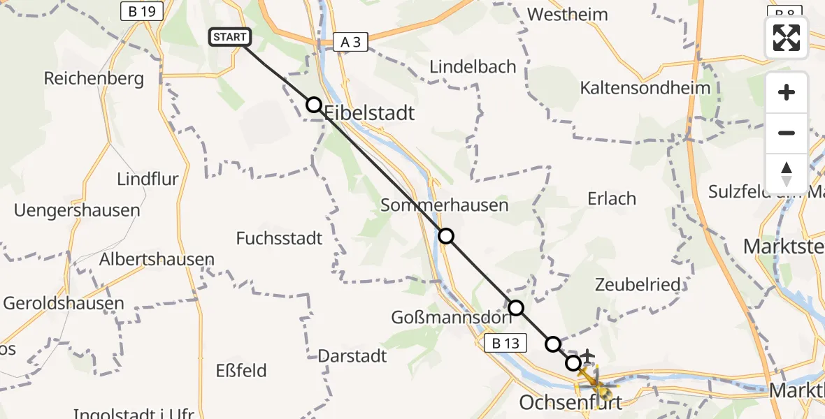 Flugroute Rettungshubschrauber Würzburg - Ochsenfurt, 10 Februar 2026, 09:58