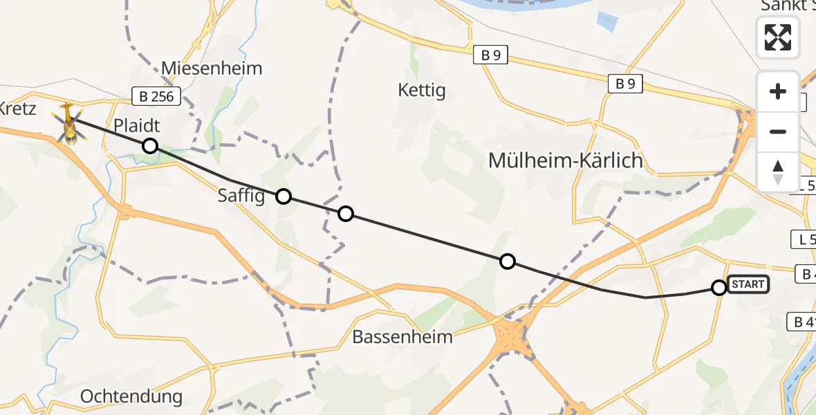 Flugroute Rettungshubschrauber Koblenz - Kretz, 10 Februar 2026, 10:03