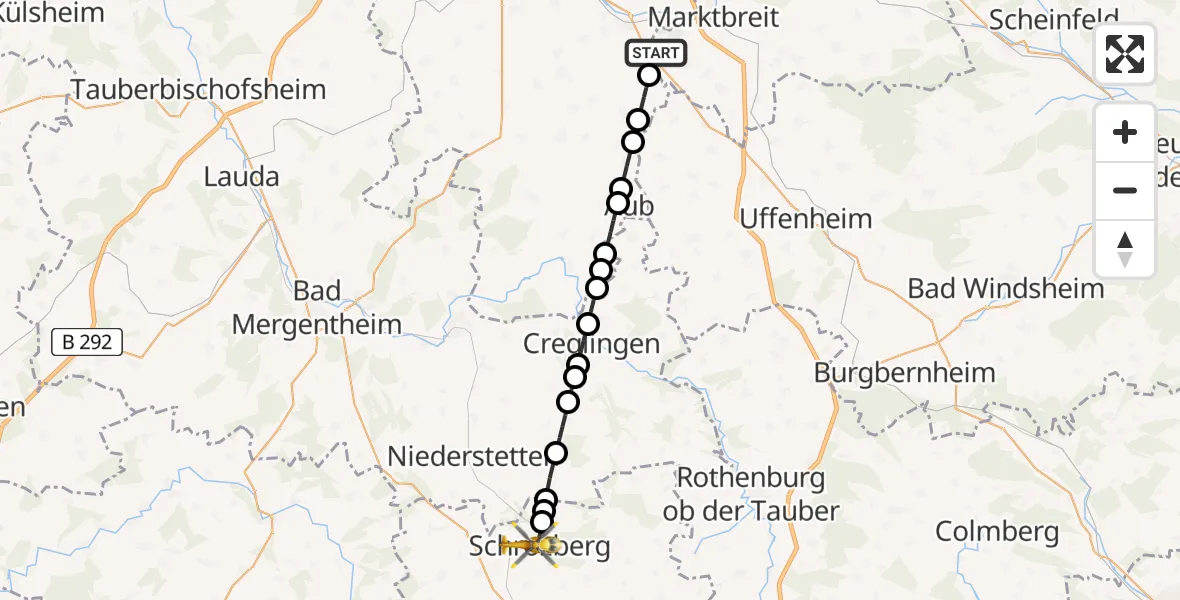 Flugroute Rettungshubschrauber Marktbreit - Schrozberg, 10 Februar 2026, 10:13