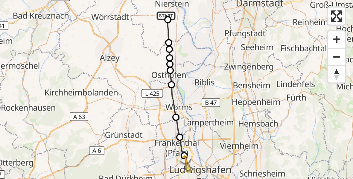 Routekaart van de vlucht: Rettungshubschrauber nach Ludwigshafen am Rhein, Großpartstraße