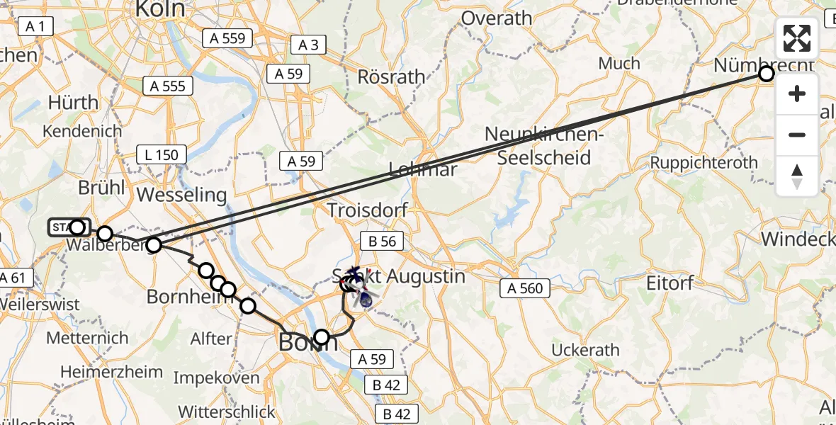 Flugroute Polizeihubschrauber Brühl - Sankt Augustin, 10 Februar 2026, 10:29