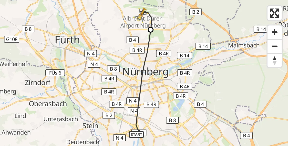 Flugroute Rettungshubschrauber Nürnberg - Nuremberg Airport, 10 Februar 2026, 10:42