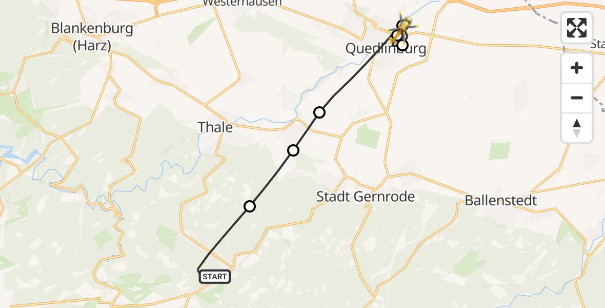 Flugroute Rettungshubschrauber Thale - Harz Hospital Quedlinburg Heliport, 10 Februar 2026, 10:48