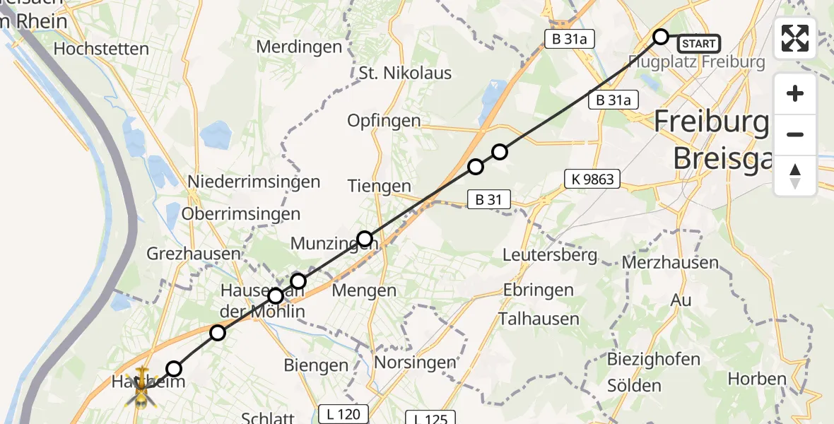 Flugroute Rettungshubschrauber Freiburg im Breisgau Airfield - Hartheim am Rhein, 10 Februar 2026, 10:51