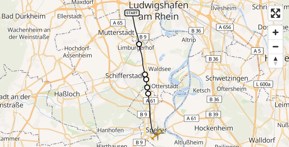 Flugroute Rettungshubschrauber Ludwigshafen am Rhein - Speyer, 10 Februar 2026, 10:54