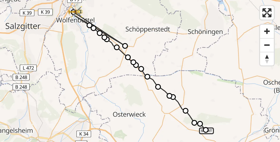 Routekaart van de vlucht: Rettungshubschrauber nach Wolfenbüttel Municipal Hospital Heliport (Christoph 30)
