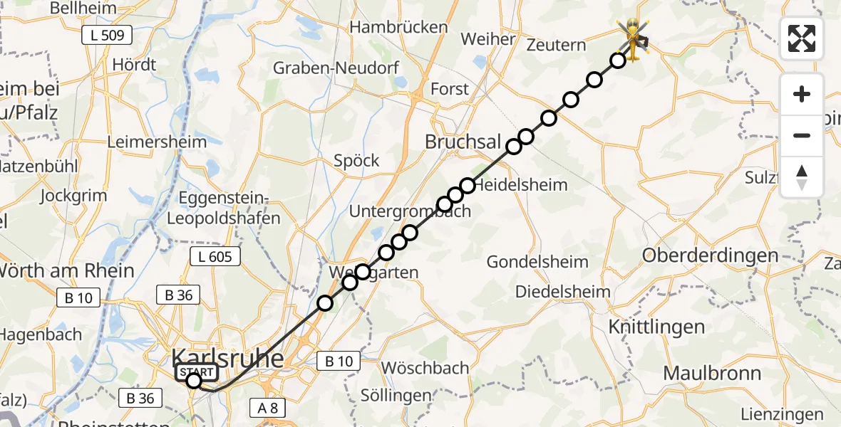 Flugroute Rettungshubschrauber Sankt Vincentius Hospital Heliport - Odenheim, 10 Februar 2026, 10:56
