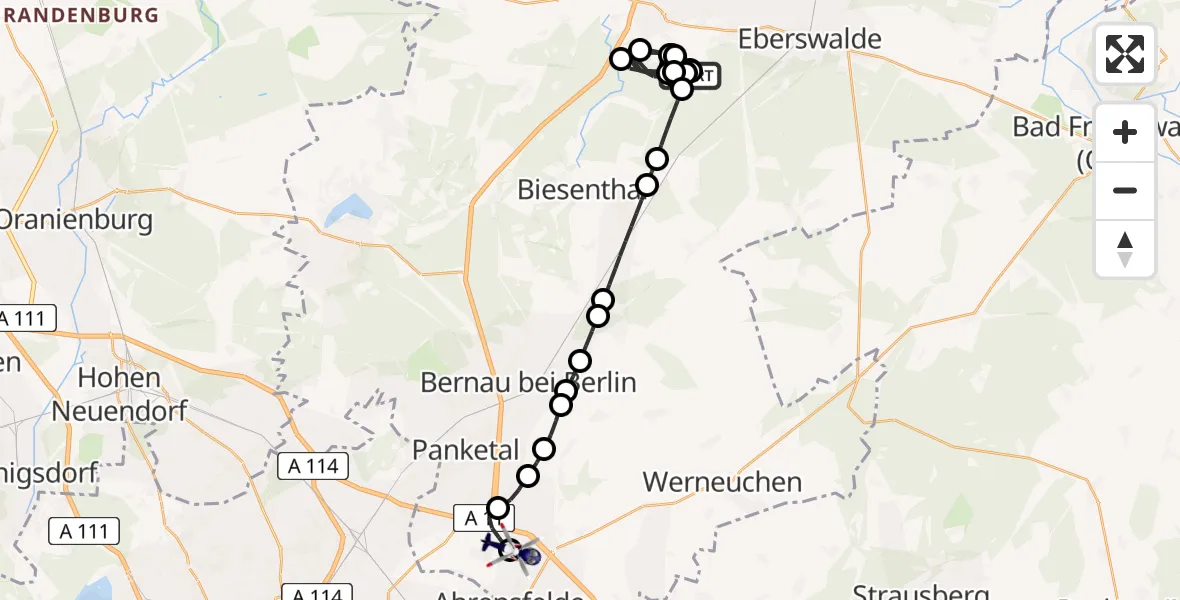 Flugroute Polizeihubschrauber Eberswalde - Ahrensfelde Heliport, 10 Februar 2026, 11:03