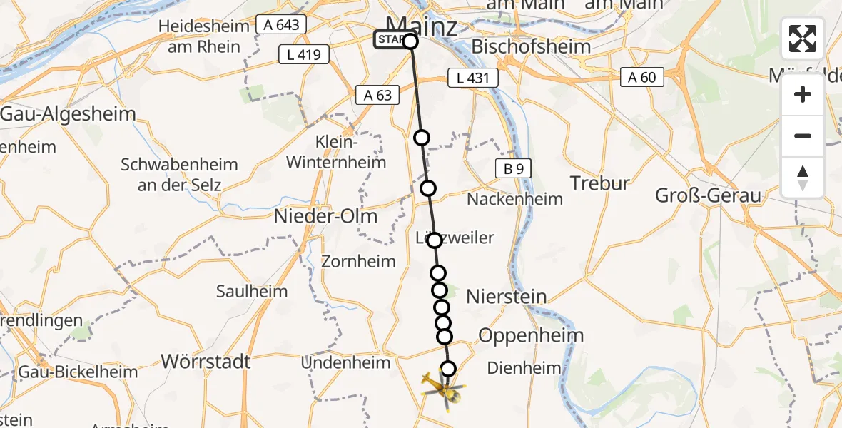 Flugroute Rettungshubschrauber Mainz University Hospital Heliport - Dalheim, 10 Februar 2026, 11:03