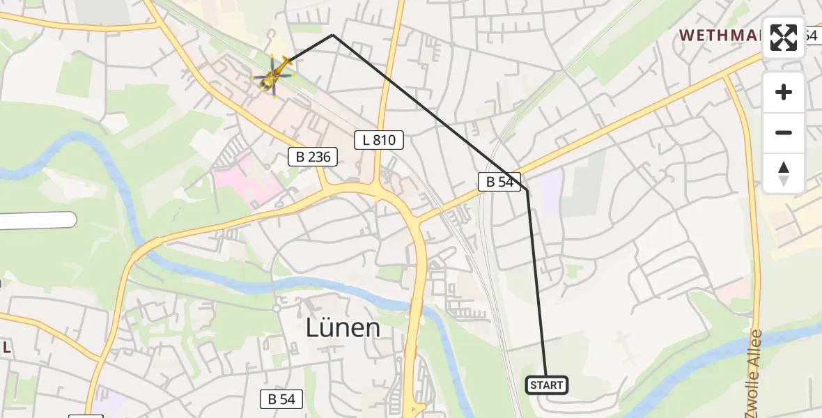 Flugroute Rettungshubschrauber Lünen - Sankt Marien Hospital Heliport, 10 Februar 2026, 11:09