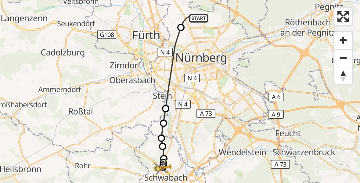 Flugroute Ambulanzhubschrauber Nuremberg Airport - Unterreichenbach, 10 Februar 2026, 11:14