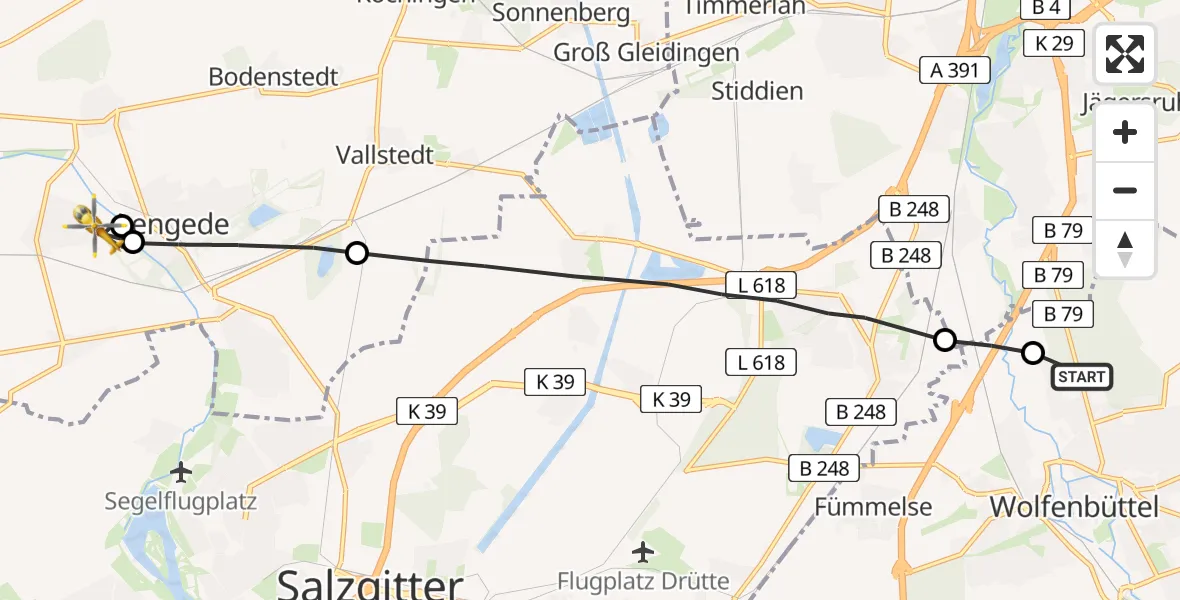 Flugroute Rettungshubschrauber Wolfenbüttel Municipal Hospital Heliport (Christoph 30) - Lengede, 10 Februar 2026, 11:18
