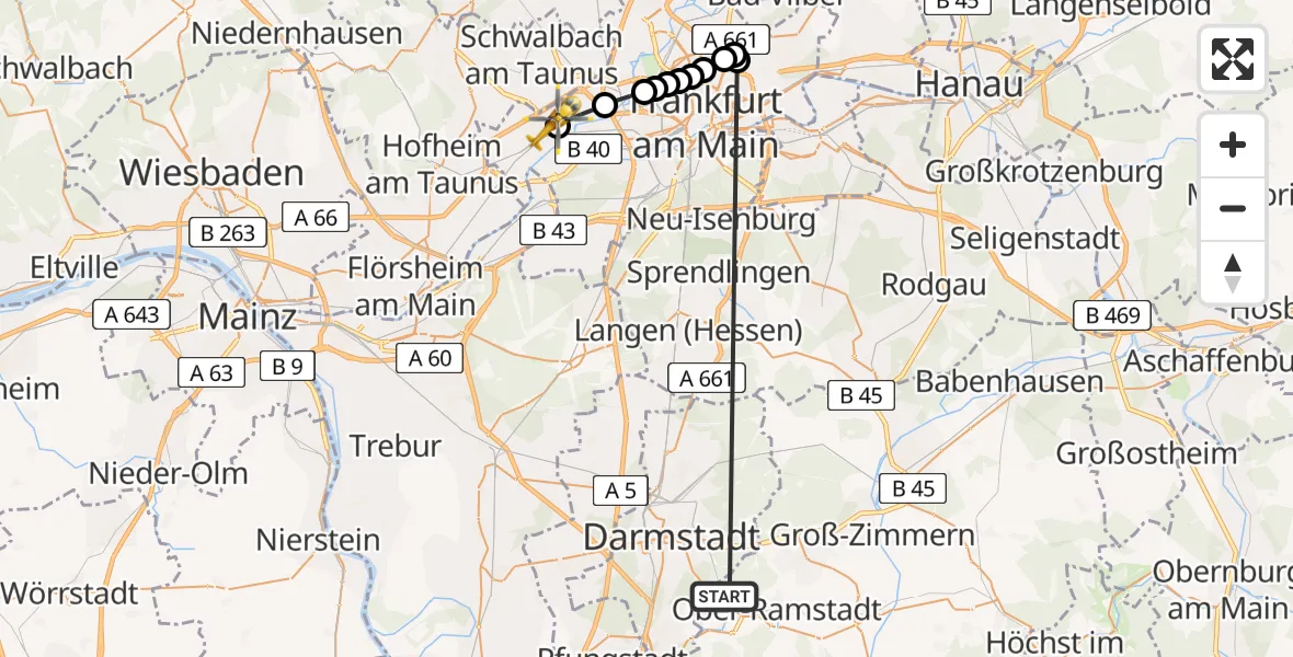 Flugroute Rettungshubschrauber Traisa - Frankfurt Höchst Hospital Heliport, 10 Februar 2026, 11:20