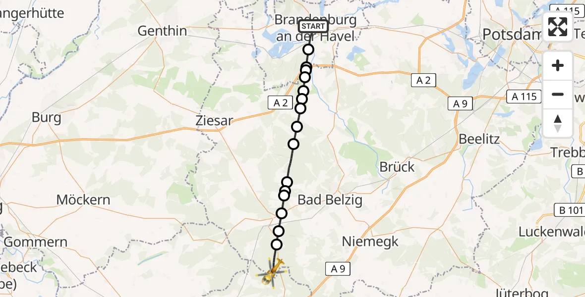 Flugroute Rettungshubschrauber Brandenburg an der Havel - Jeseringerhütten, 10 Februar 2026, 11:23