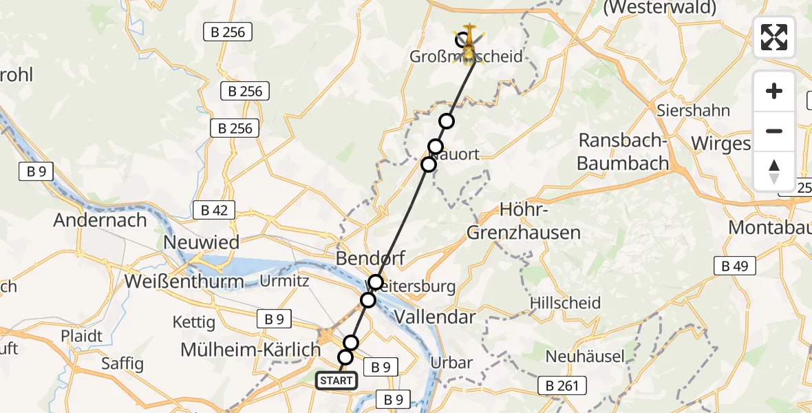 Flugroute Rettungshubschrauber Koblenz - Großmaischeid, 10 Februar 2026, 11:25