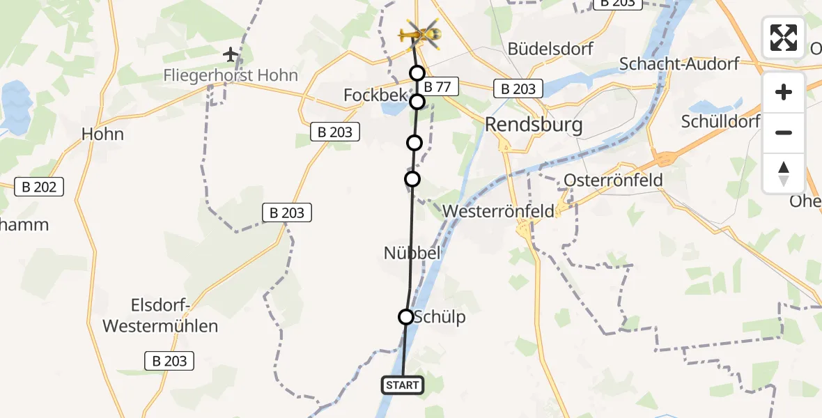 Flugroute Rettungshubschrauber Schülp bei Rendsburg - Rendsburg, 10 Februar 2026, 11:32