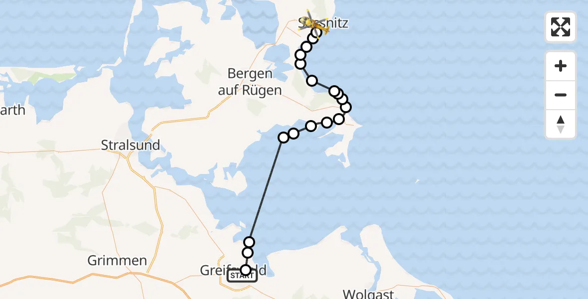 Flugroute Rettungshubschrauber Greifswald Hospital Heliport - Sassnitz, 10 Februar 2026, 11:39