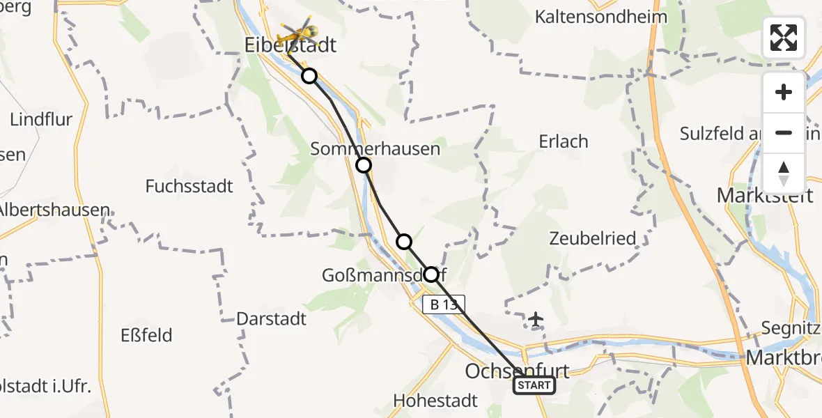 Flugroute Rettungshubschrauber Ochsenfurt - Eibelstadt, 10 Februar 2026, 11:49